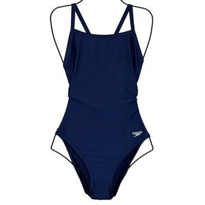 Speedo One Piece Swimsuit Womens Size 8 Dark Blue Racerback Cut Out Back